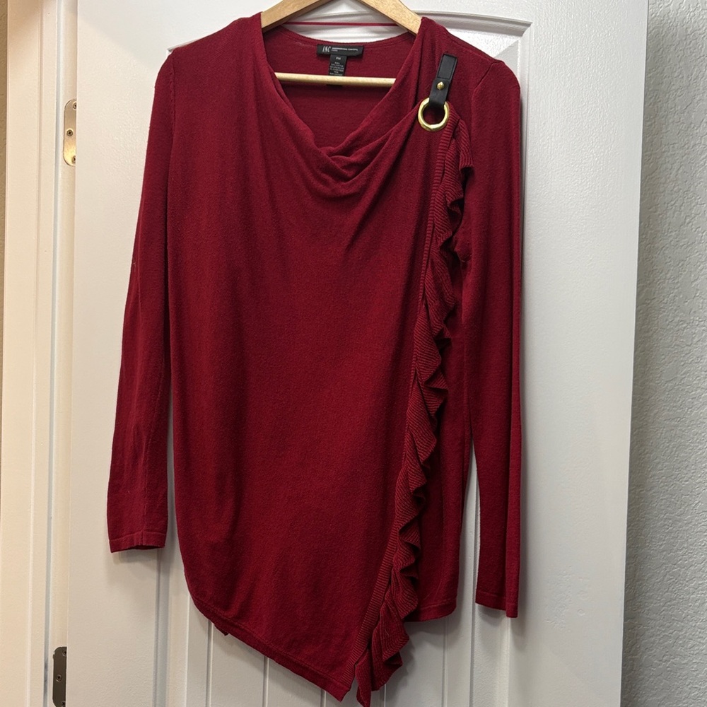 INC Red Asymmetric Ruffle Sweater Top with Ring Detail